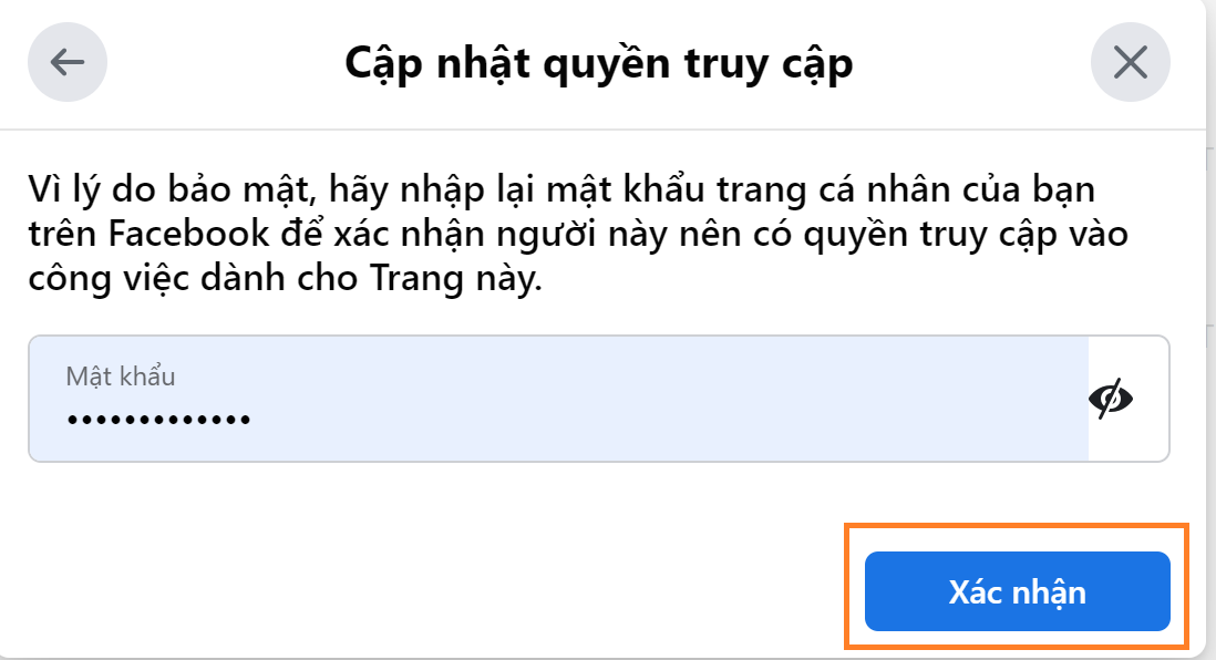 Nhập mật khẩu facebook của bạn để xác nhận cho sự thay đổi