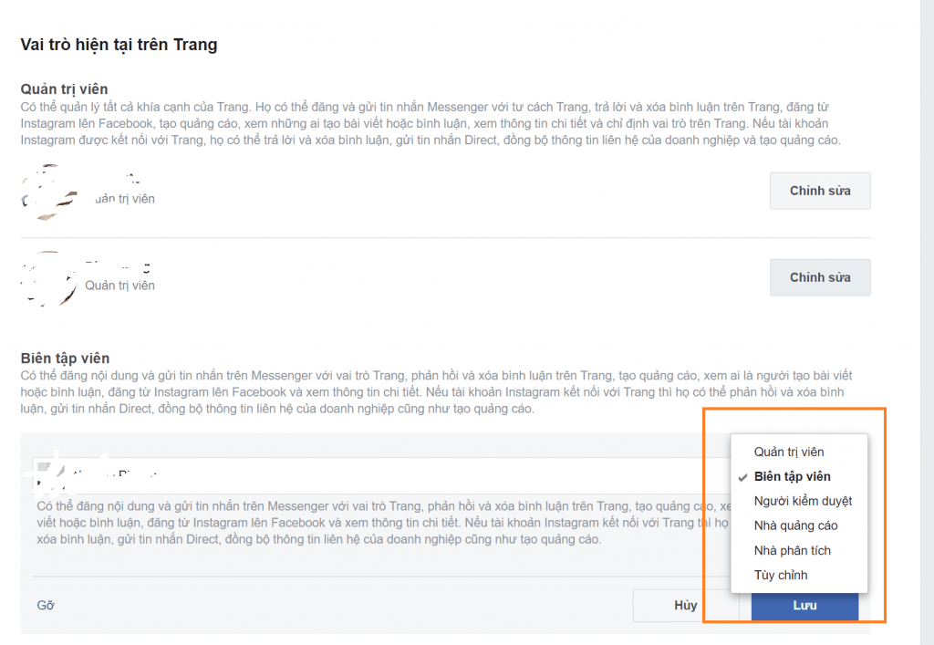 Cách thay đổi quyền quản trị fanpage