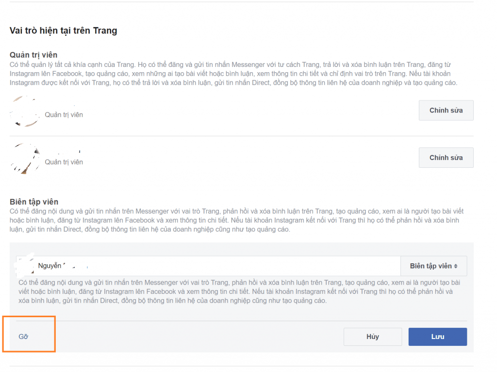 Cách xóa quyền quản trị fanpage